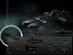  3d battleship_(eve_online) caldari_state_(eve_online) commentary concept_art dark eve_online from_side glowing highres military_vehicle mooki003 multiple_views nebula original outdoors realistic reference_sheet science_fiction sky space spacecraft star_(sky) starry_sky vehicle_focus 
