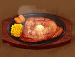  brown_background butter carrot corn food food_focus highres kaneko_ryou meat no_humans original steak steam still_life 