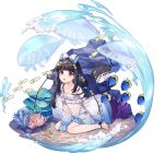  1girl :o ankle_ribbon ark_order artist_request bangs barefoot black_hair black_panties black_ribbon coral dress fish frilled_dress frills hair_ornament jellyfish long_hair long_sleeves looking_at_viewer low_twintails nakisawame_(ark_order) official_art panties red_eyes ribbon rock sand sea_anemone side-tie_panties sitting solo spaghetti_strap star_(symbol) star_hair_ornament starfish tachi-e toenails transparent_background twintails underwear wariza water waves wet wet_clothes wet_dress white_dress 