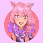  1girl amariyo_(vtuber) animal_ears braid cat_ears eyebrows_visible_through_hair fangs hair_over_shoulder heart heart-shaped_pupils indie_virtual_youtuber kilye_kairi leaning_forward long_hair looking_at_viewer mole mole_under_mouth pink_eyes pink_hair pleated_skirt purple_background purple_eyes purple_serafuku purple_shirt shirt skirt smile solo symbol-shaped_pupils tongue tongue_out upper_body virtual_youtuber 