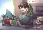  1boy :d axew bed black_eyes black_hair blanket blurry blurry_background bright_pupils commentary_request crossover curtains day gible hair_between_eyes handheld_game_console highres holding holding_handheld_game_console hospital_bed indoors kagerou_project kokonose_haruka looking_at_another looking_at_screen looking_at_viewer looking_to_the_side male_focus mokemoke_chan mole mole_under_eye on_bed painting_(object) pokemon pokemon_(creature) sharp_teeth short_hair sitting smeargle smile teeth upper_body upper_teeth_only white_pupils wide_sleeves window 