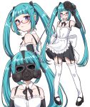  1girl alternate_costume aqua_eyes aqua_hair bare_shoulders bespectacled black_sleeves blue_eyes bow detached_sleeves earrings enmaided frilled_thighhighs frills garter_straps gas_mask glasses hatsune_miku highres jewelry long_hair looking_at_viewer maid mask mask_on_head mirumiru_(miru36i) sleeveless smile solo thighhighs twintails very_long_hair vocaloid white_background white_bow 