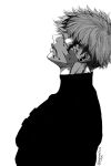  1boy blood blood_on_face comic_panel_redraw dated derivative_work earrings from_side highres jewelry kaneki_profile_picture_(meme) looking_up male_focus meme monochrome nijisanji nijisanji_en no_eyes nonmitos parody profile scar scar_on_face solo tokyo_ghoul tokyo_ghoul:re twitter_username vantacrow_bringer virtual_youtuber 