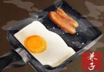  brown_background egg_(food) food food_focus fried_egg frying_pan highres kaneko_ryou meat no_humans original sausage steam still_life 