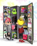  2boys :d agent_3_(splatoon) agent_8_(splatoon) black_eyes black_footwear black_hoodie black_pants black_shirt black_sweater blonde_hair blue_headwear blush book calendar_(object) closed_eyes clothes_hanger commentary cup english_commentary from_behind grey_sweater heart high-visibility_vest high_ponytail highres hood hoodie inkling_boy inkling_player_character jacket locker looking_at_another looking_back looking_down mug multiple_boys octoling_boy octoling_player_character pants photo_(object) plaid plaid_jacket red_footwear red_hair shirt shoes shorts smile sneakers splatoon_(series) stuffed_toy suction_cups suit sweater tentacle_hair unamused white_suit yurami18 