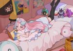  1girl bed bellibolt black_thighhighs bow-shaped_hair brown_eyes character_doll character_print commentary_request dress electrodes eyelashes holding holding_magazine indoors iono_(pokemon) jacket long_hair lying magazine_(object) mismagius mizuiro123 multicolored_hair nidothing on_bed on_stomach open_mouth pokemon pokemon_sv poster_(object) reading shinx solo star_(symbol) star_print thighhighs twintails two-tone_hair unworn_jacket white_dress yellow_jacket 