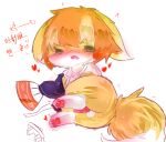 2016 animal_genitalia animal_penis anthro balls blush butt canid canine canine_genitalia canine_penis chinese_text deaic fox fur genitals hair humanoid_genitalia kemono lying male mammal on_side orange_hair pawpads penis red_pawpads semi-anthro simple_background sketch solo text white_background white_balls white_body white_fur yellow_body yellow_fur