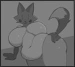 anthro belly big_breasts breasts canid canine female fox greyscale hi_res mammal monochrome nerobero0 slightly_chubby solo squish
