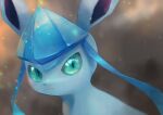 blurry closed_mouth commentary_request from_side gen_4_pokemon glaceon green_eyes highres kikuyoshi_(tracco) looking_at_viewer looking_to_the_side no_humans pokemon pokemon_(creature) shiny smile solo 