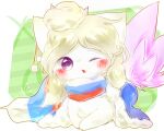 2016 ;o abstract_background ambiguous_gender blonde_hair deaic felid feline feral fur hair mammal multicolored_scarf purple_eyes scarf solo white_body white_fur