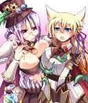  2girls animal_ears armor bangs black_neckwear black_skirt blonde_hair blue_eyes blush breasts cape closed_mouth collared_shirt commentary_request cowboy_shot emon-yu eyebrows_visible_through_hair flask gears genetic_(ragnarok_online) glasses hair_between_eyes hat jacket large_breasts living_clothes long_hair looking_at_another medium_breasts medium_hair multiple_girls necktie open_mouth pauldrons purple_hair ragnarok_online red_cape red_eyes red_shirt round-bottom_flask shirt shoulder_armor skirt smile teeth tentacles top_hat white_jacket 