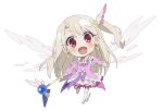  1girl :d blonde_hair blush chibi commentary_request detached_sleeves dress earrings fate/kaleid_liner_prisma_illya fate_(series) feather_hair_ornament feathers full_body hair_between_eyes hair_ornament holding holding_wand illyasviel_von_einzbern jewelry kaleidostick long_hair long_sleeves looking_at_viewer magical_girl magical_ruby magical_sapphire official_art open_mouth pink_dress pink_footwear pink_sleeves prisma_illya_(zwei_form) red_eyes shoes simple_background smile solo star_(symbol) thighhighs very_long_hair wand weapon white_background white_thighhighs 
