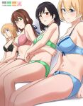  4girls black_bra black_girl_(rei) black_hair black_panties blonde_hair blue_bra blue_eyes blue_girl_(rei) blue_panties blue_ribbon blurry blurry_background blush borrowed_character bow bow_bra bow_panties bra breasts brown_hair commentary depth_of_field green_bra green_eyes green_girl_(rei) green_panties hair_ribbon lace-trimmed_bra lace_trim leaning_back light_frown long_hair looking_at_viewer low_ponytail medium_breasts multiple_girls navel original panties parted_lips pink_bra pink_girl_(rei) pink_panties red_eyes ribbon saruno_(eyesonly712) short_hair sitting underwear underwear_only white_background 