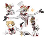  1boy absurdres blonde_hair demon demon_boy hazbin_hotel highres looking_at_viewer lucifer_(hazbin_hotel) nellr_art sharp_teeth solo suit teeth white_headwear white_suit 