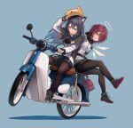  2girls absurdres animal_ear_fluff animal_ears arknights bag bangs black_footwear black_gloves black_hair black_legwear blue_background breasts brown_eyes capelet commentary_request exusiai_(arknights) fingerless_gloves gloves ground_vehicle hair_between_eyes hair_over_one_eye halo highres honda honda_super_cub jacket long_hair long_sleeves looking_at_viewer moped motor_vehicle multiple_girls pantyhose piercing red_hair shirt short_hair shorts simple_background smile tail terebi_(shimizu1996) texas_(arknights) white_jacket wings wolf_ears wolf_tail 