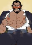  1boy abs absurdres bara bare_pectorals beard black_hair blush bulge cowboy_shot dark-skinned_male dark_skin erection erection_under_clothes facial_hair flexing_pectorals forked_eyebrows full_beard grin handlebar_mustache highres huwenlang jigokuraku large_pectorals long_mustache male_focus mature_male muscular muscular_male necktie nipples official_alternate_costume old old_man pants pectorals short_hair smell smile solo suit sweat tamiya_gantetsusai thick_beard thick_eyebrows thick_thighs thighs undone_necktie very_sweaty 
