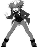  1boy aoki_(fumomo) bangs boots clenched_hand duel_academy_uniform_(yu-gi-oh!_gx) greyscale hair_between_eyes hand_on_hip high_collar jacket long_sleeves male_focus monochrome open_mouth pants shirt simple_background solo spiked_hair standing white_background yu-gi-oh! yu-gi-oh!_gx yuuki_juudai 