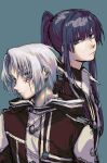  2boys absurdres allen_walker black_hair black_order_uniform blue_eyes blue_hair closed_mouth colored_eyelashes commentary_request d.gray-man dark_blue_hair expressionless grey_background grey_eyes hair_between_eyes high_ponytail highres kanda_yuu long_bangs long_hair looking_at_viewer male_focus multiple_boys nemui_draw scar scar_across_eye short_hair upper_body white_hair 