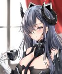  1girl august_von_parseval_(azur_lane) azur_lane bare_shoulders breasts cleavage cup curled_horns gloves hair_over_one_eye highres holding holding_cup horns indoors large_breasts long_hair looking_at_viewer match_(scp115) mechanical_horns purple_eyes purple_hair solo teacup upper_body white_gloves 