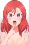  1girl absurdres breasts finger_to_mouth gradient gradient_background highres looking_at_viewer love_live! love_live!_school_idol_project nishikino_maki nude oral_invitation out-of-frame_censoring purple_eyes red_hair simple_background solo tongue tongue_out wewe white_background 