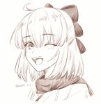  1girl ;d bow fate_(series) hair_bow half_updo highres koha-ace light_blush looking_at_viewer monochrome okita_souji_(fate) okita_souji_(koha-ace) one_eye_closed open_mouth portrait scarf short_hair simple_background smile solo teeth twitter_username upper_teeth_only vega_negi 