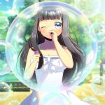  1girl bare_arms bare_shoulders black_hair blue_eyes blue_sky blurry blurry_background blush bow breasts bubble_pipe cleavage cloud collarbone commission day depth_of_field dress holding kou_hiyoyo long_hair looking_at_viewer medium_breasts one_eye_closed original outdoors skeb_commission sky sleeveless sleeveless_dress soap_bubbles solo tree very_long_hair white_bow white_dress 