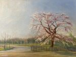  bare_tree day fence highres no_humans norako_pastel original painting_(medium) pastel_(medium) path shadow sunlight traditional_media tree 