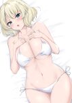  1girl bare_arms bare_legs bare_shoulders bed_sheet bikini blonde_hair blue_eyes blush breasts cleavage collarbone colorado_(kancolle) commentary cowboy_shot eyebrows_visible_through_hair groin highres kantai_collection large_breasts navel open_mouth short_hair solo stomach swimsuit takomeshi white_bikini 