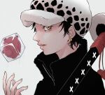  106_toro_k_(user_56539702) 1girl animal_print black_coat black_hair blurry coat depth_of_field earrings eyelashes from_side fur_hat genderswap genderswap_(mtf) hat jaguar_print jewelry leopard_print lips looking_at_viewer motion_lines nose one_piece parted_lips portrait profile short_hair simple_background solo sword trafalgar_law weapon white_background winter_clothes winter_coat yellow_eyes 