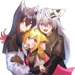  3girls animal_ears arknights bangs black_gloves black_hair blonde_hair blush cape capelet eyebrows_visible_through_hair eyes_visible_through_hair finger_in_mouth fingerless_gloves food food_in_mouth girl_sandwich gloves grey_eyes hair_ornament hairclip hand_on_another&#039;s_head height_difference highres kawaii_inu5 lappland_(arknights) long_hair long_sleeves multicolored_hair multiple_girls open_mouth pocky saliva sandwiched silver_hair sora_(arknights) sweat texas_(arknights) tongue tongue_out two-tone_hair wolf_ears wolf_girl yellow_eyes yuri 