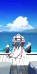  1other 2girls absurdres animal_ears blue_archive blue_sky cloud cooler fishing_rod floating_clothes floating_hair grey_hair halo highres long_hair multiple_girls norio_(norio386) ocean phrenapates_(blue_archive) pier plana_(blue_archive) shiroko_(blue_archive) shiroko_terror_(blue_archive) sitting sky very_long_hair wolf_ears 