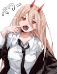  +_+ 1girl absurdres black_jacket blonde_hair chainsaw_man character_name collared_shirt commentary_request demon_horns fangs finger_in_mouth hair_between_eyes highres horns jacket kani_nyan long_hair looking_at_viewer mouth_pull necktie open_mouth power_(chainsaw_man) red_eyes shirt solo translated upper_body white_shirt 