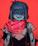 1other androgynous antenna_hair armor arms_at_sides artist_name blue_hair blue_skin breastplate cape colored_skin commentary_request corogarucoromo covered_eyes deltarune entangled facing_viewer fangs highres kris_(deltarune) open_mouth other_focus pauldrons pink_cape red_background romaji_text shaded_face short_hair shoulder_armor signature simple_background solo straight-on string string_of_fate upper_body 