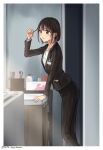  1girl absurdres badge black_hair brown_eyes cellphone commission highres holding holding_hair original pant_suit pants pen phone pixiv_commission setu_kurokawa short_hair solo suit utensil 