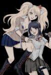  2girls :d bangs black_background black_footwear black_hair black_skirt blonde_hair blue_eyes boots bow breasts brown_shirt brown_skirt bunny_hair_ornament cleavage collarbone commentary danganronpa_(series) danganronpa_3_(anime) enoshima_junko freckles grey_bow grey_shirt hair_bow hair_ornament highres holding holding_wrench ikusaba_mukuro knee_boots long_hair medium_breasts multiple_girls nail_polish neck_ribbon open_mouth pleated_skirt red_bow red_nails red_ribbon ribbon sema_(vivaviva_02) shiny shiny_hair shirt short_hair siblings simple_background sisters skirt sleeves_rolled_up smile twintails wrench 