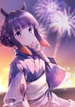  1girl absurdres alternate_costume alternate_hairstyle animal_ears bangs blunt_bangs blurry blurry_background daidai_(daidai826) fireworks gradient_hair grey_eyes hair_bun hand_on_own_chin highres hololive hololive_english japanese_clothes kimono looking_at_viewer multicolored_hair ninomae_ina&#039;nis obi outdoors purple_hair sash smile solo summer summer_festival tentacle_hair upper_body virtual_youtuber wide_sleeves yukata 