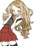  1girl :d black_thighhighs blonde_hair blue_eyes contrapposto cowboy_shot dot_nose grey_shirt hands_up high-waist_skirt highres index_finger_raised ino_climate leaning_to_the_side legs_apart long_hair looking_at_viewer open_mouth pleated_skirt pokemon pokemon_xy red_skirt serena_(pokemon) shirt shirt_tucked_in sidelocks skirt sleeveless sleeveless_shirt smile solo thighhighs wavy_hair zettai_ryouiki 