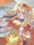  1girl :q absurdres alternate_costume alternate_hairstyle apron arknights blonde_hair breasts cleavage commentary counter crazy_straw cup detached_collar diner dress drinking_straw frying_pan gummy_(arknights) hat heart_straw highres holding holding_cup holding_frying_pan indoors large_breasts orange_dress orange_eyes orange_headwear puffy_short_sleeves puffy_sleeves s2roob short_hair short_sleeves shrimp_hair_ornament solo tongue tongue_out twintails upper_body yellow_apron 