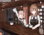 2girls apron blonde_hair braid brown_apron brown_hair cafe closed_mouth coffee coffee_cup cup disposable_cup girls&#039;_frontline green_eyes hair_between_eyes hair_ribbon headset long_hair m4_sopmod_ii_(girls&#039;_frontline) mama_m1903 mask multiple_girls necktie open_mouth percolator red_eyes ribbon shirt skull_mask springfield_(girls&#039;_frontline) white_shirt 