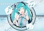  1girl agonasubi aqua_eyes aqua_hair aqua_nails aqua_neckwear arrow_(symbol) bare_shoulders beamed_eighth_notes black_sleeves blue_background commentary detached_sleeves eighth_note folder grey_shirt hair_ornament half_note hand_up hatsune_miku headphones headset holding_folder long_hair looking_at_viewer musical_note nail_polish necktie niconico_comments one_eye_closed open_mouth quarter_note shirt shoulder_tattoo signature sleeveless sleeveless_shirt smile solo speech_bubble spoken_musical_note tattoo twintails upper_body vocaloid watashi_no_jikan_(vocaloid) 
