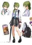  1boy 2girls alternate_costume bag bag_charm black_choker black_footwear black_socks black_sweater blonde_hair blood blue_necktie cellphone charm_(object) choker clothes_around_waist collared_shirt commentary_request contemporary drinking drinking_straw ear_piercing earrings fern_(sousou_no_frieren) glasses green_hair grey_skirt hair_between_eyes highres holding holding_phone holding_umbrella jewelry juice_carton land_(sousou_no_frieren) long_hair multiple_girls multiple_rings multiple_views necktie phone piercing pleated_skirt pout puffy_cheeks purple_eyes purple_hair ring school_bag school_uniform screen scrunchie shirt shirt_tucked_in short_hair side_ponytail skirt smartphone smile socks sousou_no_frieren sweater sweater_around_waist ubel_(sousou_no_frieren) umbrella white_shirt wrist_scrunchie yami_anko 