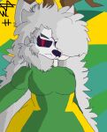 anthro black_sclera brown_horn canid canine canis clothing dress exposed_skull eyebrows female fur green_clothing green_dress grey_eyebrows hel_(deity) horn mammal red_eyes shaded signature solo w0lfh4art white_body white_fur wolf