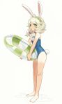  1girl absurdres ahoge animal_ears blonde_hair green_eyes highres idolmaster idolmaster_cinderella_girls innertube messy_hair nendo23 one-piece_swimsuit rabbit_ears rabbit_tail school_swimsuit short_hair simple_background swim_ring swimsuit tail tan tanlines white_background yusa_kozue 