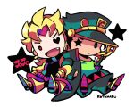  2boys black_shirt blonde_hair chain closed_mouth coat copyright_name dio_brando fang full_body green_coat green_headwear green_pants green_shirt hat heart heart_in_eye jojo_no_kimyou_na_bouken kotorai kujo_jotaro locked_arms male_focus multiple_boys no_nose pants shirt signature simple_background star_(symbol) star_in_eye symbol_in_eye white_background 