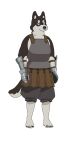  1boy animal_ears armor barefoot black_fur breastplate dog_boy dog_ears dog_tail dungeon_meshi full_body furry furry_male highres kuro_(dungeon_meshi) official_art simple_background solo tachi-e tail transparent_background two-tone_fur white_fur 