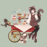  1girl animal_ears boots bow brown_hair cake cart cat cat_ears cat_tail cupcake food fruit green_background green_eyes hat highres long_sleeves looking_at_viewer mokaffe original pantyhose simple_background sitting skirt sparkle sweets tail tail_ornament tiered_tray vest wheel 