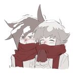  2boys blush coat cold cropped_torso fur-trimmed_mittens fur_trim hair_between_eyes kd_(jichaman1) looking_ahead male_focus manjoume_jun mittens monochrome multiple_boys red_scarf rubbing_hands_together runny_nose scarf short_hair snot spiked_hair trembling winter yaoi yu-gi-oh! yu-gi-oh!_gx yuuki_juudai 