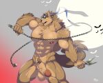 accessory anthro balls barazoku bat brown_body brown_fur canid canine canis chain clothing erection fur genitals headband headgear headwear hi_res humanoid humanoid_genitalia humanoid_penis mal_lock male mammal moon muscular muscular_anthro muscular_male nipples nude open_mouth pecs penis solo teeth weapon wolf