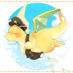  bag blush brown_bag brown_headwear closed_eyes closed_mouth cloud commentary_request day dragonite envelope flying full_body gen_1_pokemon hat hatted_pokemon naoto_(shion) no_humans pokemon pokemon_(creature) sky smile solo 