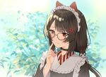  1girl animal_ears apron bangs black_collar black_hair black_kimono blurry blurry_background brown_hair brown_kimono collar dog_ears dog_girl dog_hair_ornament finger_to_mouth flower frilled_apron frills glasses hair_flower hair_ornament heterochromia highres inui_toko japanese_clothes kimono long_hair long_sleeves low_twintails maid_headdress nijisanji plant red_eyes red_flower sen_(sennosenn1127) smile solo twintails virtual_youtuber wa_maid wide_sleeves yellow_eyes 